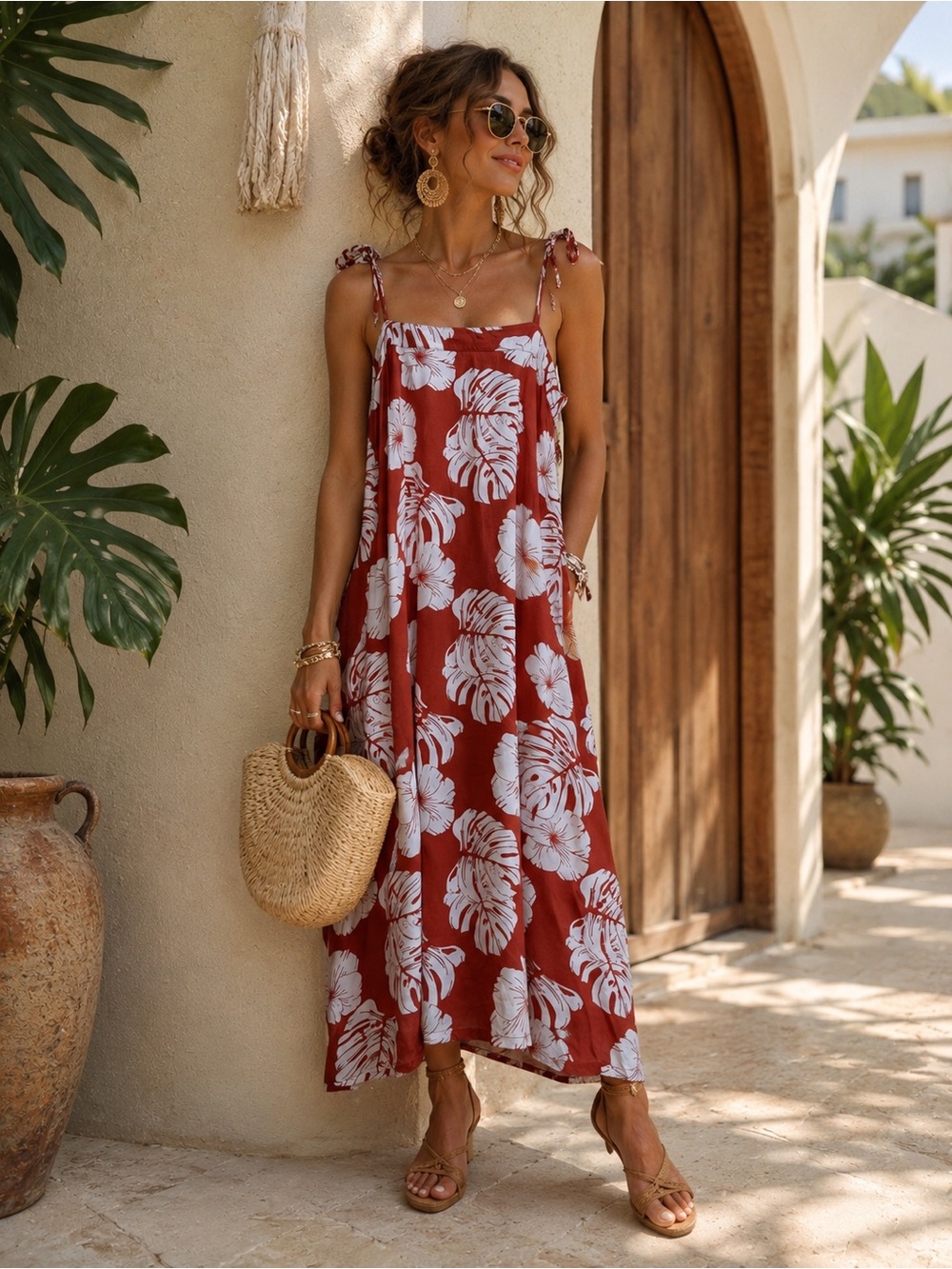 Roxy | Tropical Floral Midi Sundress | Rust & White Hawaiian Print - Size XS